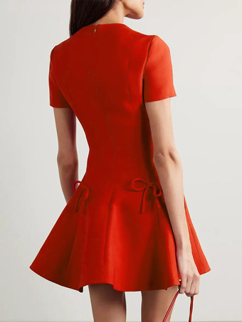 イブニングドレス A ライン ジュエルネック ショート 半袖 ジッパー リボン ストレッチ クレープ フォーマル パーティー ドレス 無料カスタマイズ