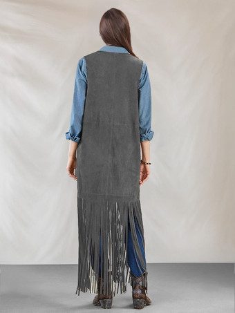 女性のためのロングベストジャケットフリンジノースリーブボヘミアンアウターウェア