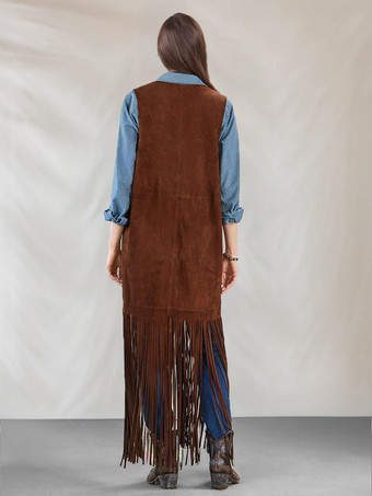 女性のためのロングベストジャケットフリンジノースリーブボヘミアンアウターウェア