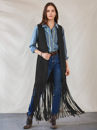ブラック 女性のためのロングベストジャケットフリンジノースリーブボヘミアンアウターウェア