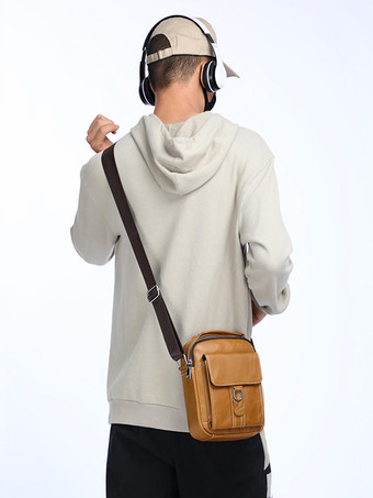 ライトブラウン レースアップ バックル スポーツ クロスボディバッグ メンズ ビジネス サッチェルバッグ