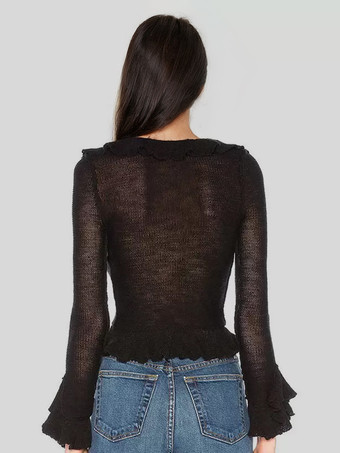 シックなセーター フリルエッジ ボタン留め エレガントでシックなレディーストップス