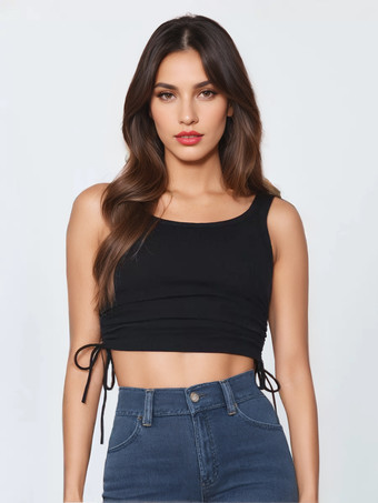 ブラック シンプルなキャミソールトップス ラウンドネック ドローストリング コンバーチブル カジュアル キャミソール