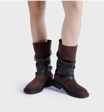 レディース ディープブラウン バックル ブーティ ラウンドトゥ チャンキーヒール アンクルブーツ