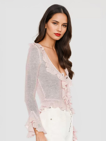 シックなセーター フリルエッジ ボタン留め エレガントでシックなレディーストップス