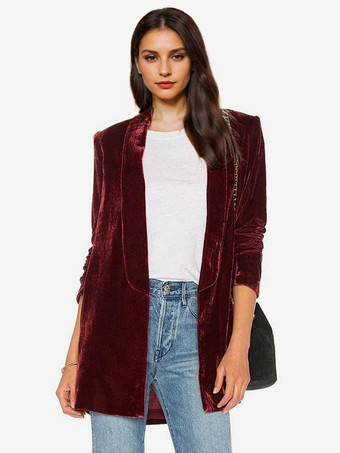 ワインレッド 女性用ブレザー ベロア長袖 ソリッドカラー テーラードジャケット ワインレッド