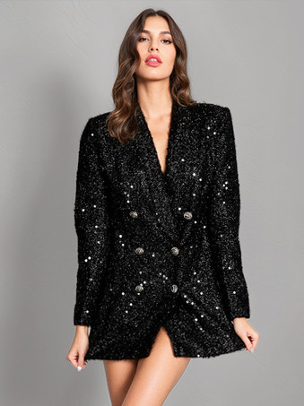シックなスパンコール ブレザー ダブルブレスト ストロングショルダー スーツ ジャケット