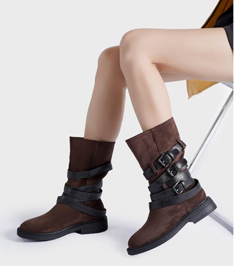 レディース ディープブラウン バックル ブーティ ラウンドトゥ チャンキーヒール アンクルブーツ