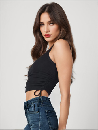 シンプルなキャミソールトップス ラウンドネック ドローストリング コンバーチブル カジュアル キャミソール