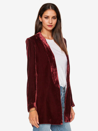 女性用ブレザー ベロア長袖 ソリッドカラー テーラードジャケット ワインレッド