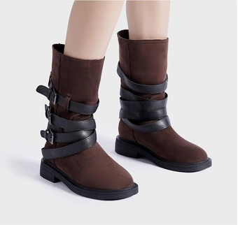 ディープブラウンレディース ディープブラウン バックル ブーティ ラウンドトゥ チャンキーヒール アンクルブーツ