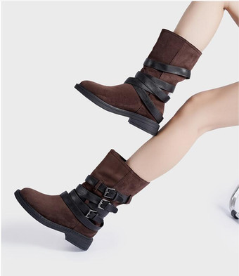 レディース ディープブラウン バックル ブーティ ラウンドトゥ チャンキーヒール アンクルブーツ