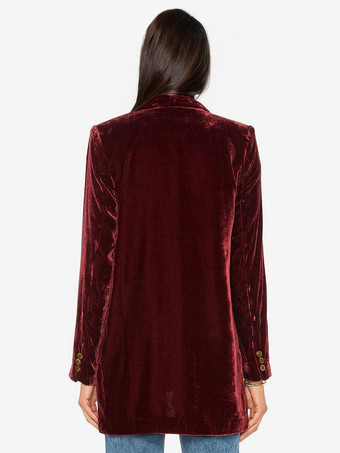 女性用ブレザー ベロア長袖 ソリッドカラー テーラードジャケット ワインレッド