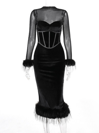 Abito in piume nere Abiti traslucidi in velluto a maniche lunghe