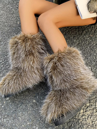 オリーブカラーフェイクファー アンクルブーツ ヒョウ柄 ラウンドトゥ 冬用ブーツ