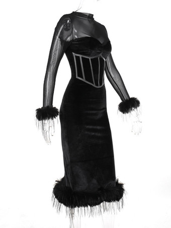 Abito in piume nere Abiti traslucidi in velluto a maniche lunghe