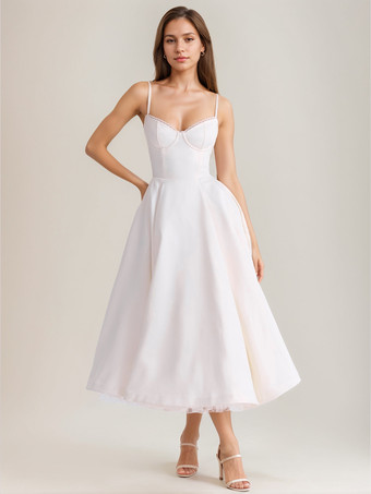 ホワイト ソフトピンクのコルセットミディドレス スウィートハートネックストラップ Aライン バースデーパーティードレス レディース 2025