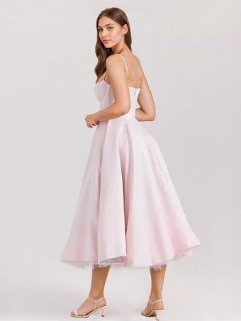 ソフトピンクのコルセットミディドレス スウィートハートネックストラップ Aライン バースデーパーティードレス レディース 2025