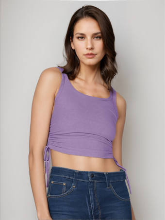 ライラックシンプルなキャミソールトップス ラウンドネック ドローストリング コンバーチブル カジュアル キャミソール