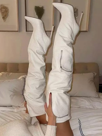 ホワイト セクシーなオーバーニーブーツ、女性用ポインテッドトゥポケットデザインサイハイブーツ