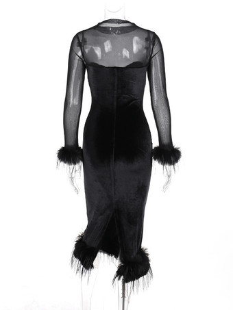 Abito in piume nere Abiti traslucidi in velluto a maniche lunghe