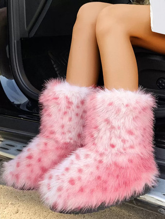 ピンクフェイクファー アンクルブーツ ヒョウ柄 ラウンドトゥ 冬用ブーツ