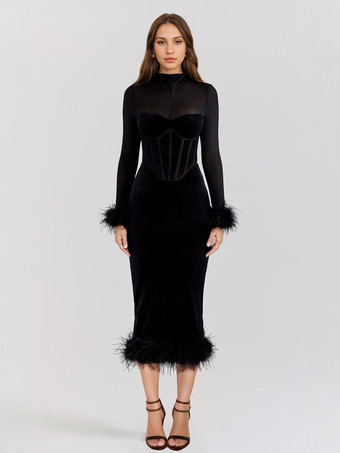 Nero Abito in piume nere Abiti traslucidi in velluto a maniche lunghe