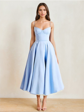 ライトスカイブルーソフトピンクのコルセットミディドレス スウィートハートネックストラップ Aライン バースデーパーティードレス レディース 2025