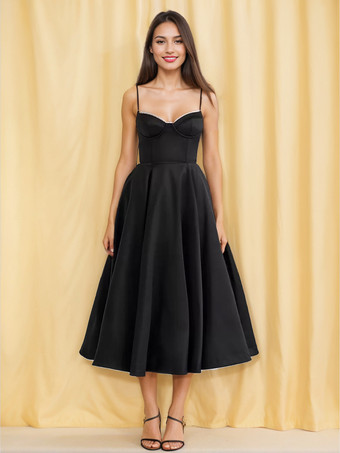 ブラック ソフトピンクのコルセットミディドレス スウィートハートネックストラップ Aライン バースデーパーティードレス レディース 2025