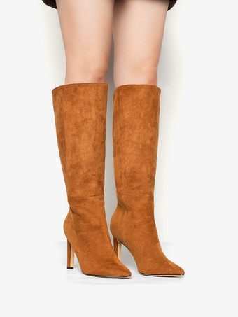 ライトブラウンスエードニーブーツ ハイヒール ポインテッドトゥ ニーハイブーツ