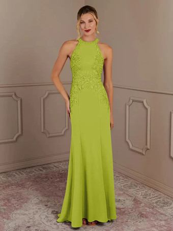 オリーブグリーン花嫁の母親のためのパーティードレス ホルターネック ノースリーブ マーメイド ビーズ トレーン付き 結婚式用ゲストドレス