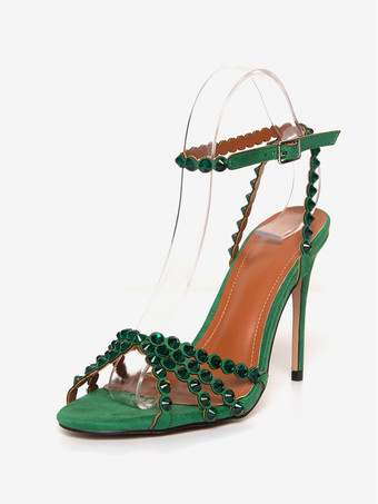 ハイヒールサンダル グリーン オープントゥ ラインストーン アンクルストラップ スティレットヒール プロム パーティーシューズ