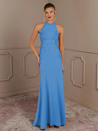 ブルー花嫁の母親のためのパーティードレス ホルターネック ノースリーブ マーメイド ビーズ トレーン付き 結婚式用ゲストドレス