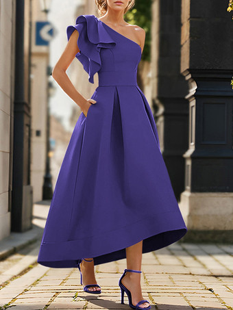 ブライダルマザードレス ワンショルダー ノースリーブ プリーツ アンクル丈 Aライン ウェディングゲストドレス