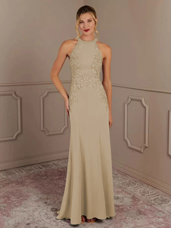 シャンパン花嫁の母親のためのパーティードレス ホルターネック ノースリーブ マーメイド ビーズ トレーン付き 結婚式用ゲストドレス