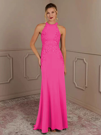 ローズレッド花嫁の母親のためのパーティードレス ホルターネック ノースリーブ マーメイド ビーズ トレーン付き 結婚式用ゲストドレス