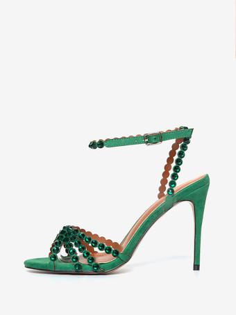 ハイヒールサンダル グリーン オープントゥ ラインストーン アンクルストラップ スティレットヒール プロム パーティーシューズ