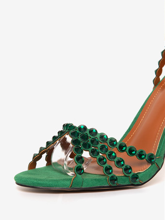 ハイヒールサンダル グリーン オープントゥ ラインストーン アンクルストラップ スティレットヒール プロム パーティーシューズ