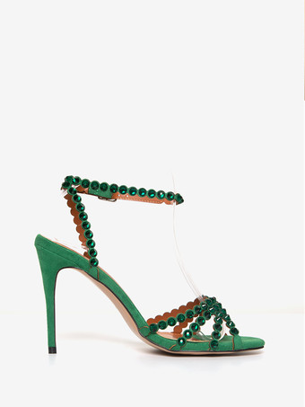 ハイヒールサンダル グリーン オープントゥ ラインストーン アンクルストラップ スティレットヒール プロム パーティーシューズ