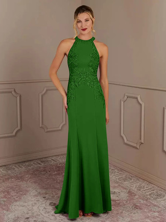 グリーン 花嫁の母親のためのパーティードレス ホルターネック ノースリーブ マーメイド ビーズ トレーン付き 結婚式用ゲストドレス