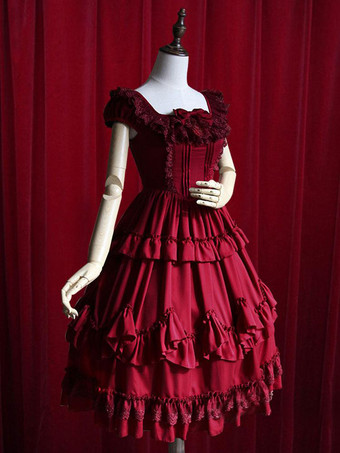 Lolitashow Sweet Lolita Kleid Burgunder Rüschen Baumwollkleid für Frauen