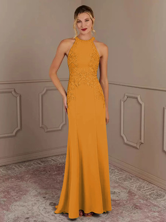 イエロー花嫁の母親のためのパーティードレス ホルターネック ノースリーブ マーメイド ビーズ トレーン付き 結婚式用ゲストドレス