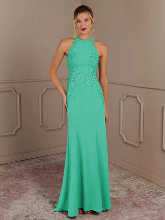 ミントグリーン花嫁の母親のためのパーティードレス ホルターネック ノースリーブ マーメイド ビーズ トレーン付き 結婚式用ゲストドレス