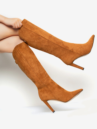 スエードニーブーツ ハイヒール ポインテッドトゥ ニーハイブーツ