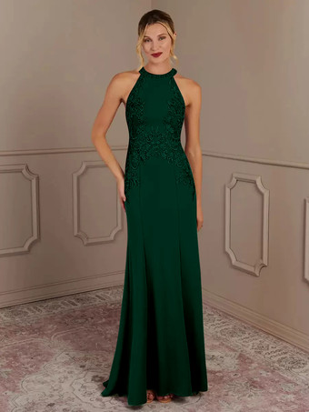 エメラルド 花嫁の母親のためのパーティードレス ホルターネック ノースリーブ マーメイド ビーズ トレーン付き 結婚式用ゲストドレス