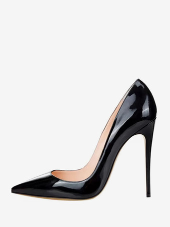 ブラック レディース パテントレザー スティレットヒール パンプス ホワイト