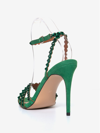 ハイヒールサンダル グリーン オープントゥ ラインストーン アンクルストラップ スティレットヒール プロム パーティーシューズ