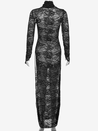 ハイスリットレースセクシーハイカラーロングスリーブレースドレス