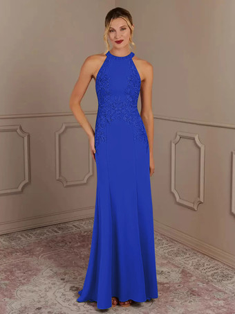 ロイヤルブルー花嫁の母親のためのパーティードレス ホルターネック ノースリーブ マーメイド ビーズ トレーン付き 結婚式用ゲストドレス