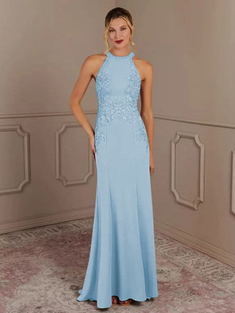 スカイブルー 花嫁の母親のためのパーティードレス ホルターネック ノースリーブ マーメイド ビーズ トレーン付き 結婚式用ゲストドレス